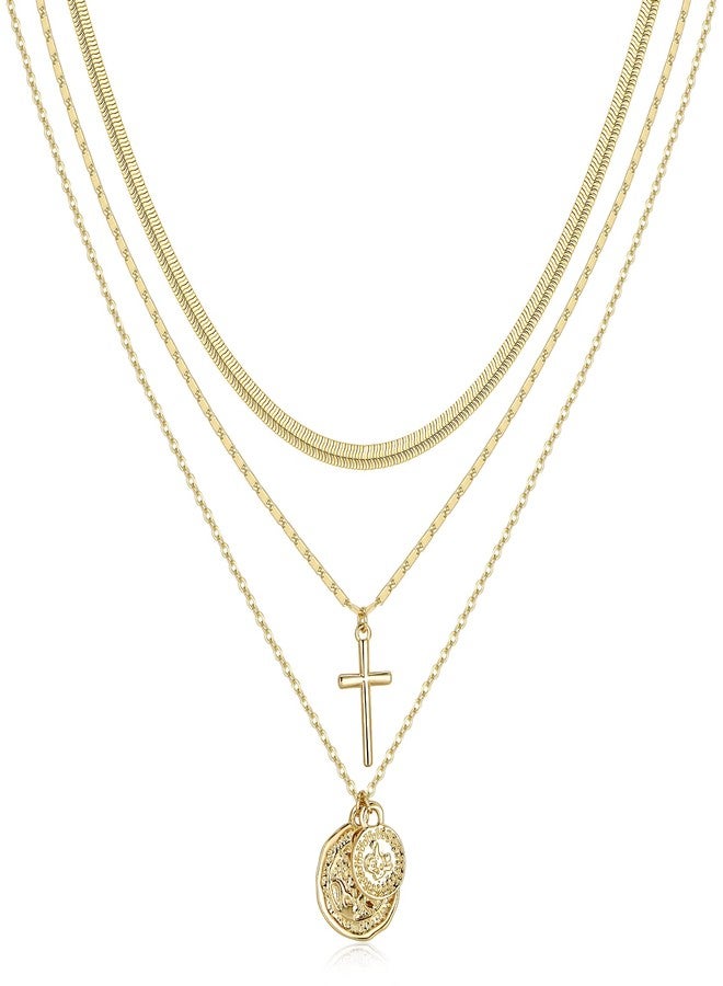 NUZON Gold Layered Necklace for Women 18K Gold Plated Chain Choker Cross Coin Pendant Necklace Simple Cute Jewelry - Image 1